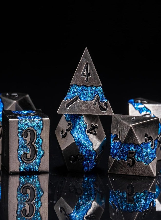Maywin Metal DND Polyhedral Dice,Large Stripe Glitter Metallic Dice Set,Antique Silver Dice 7pcs Set for Role Playing Games - Image 3